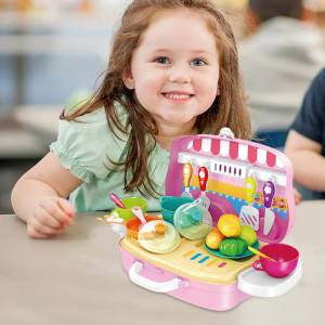 Set de joaca Bucatarie Copii "Valiza pe roti" 2 in 1, maner portabil si roti, lumini si sunet, cu accesorii de bucatarie, legume si oale, Roz