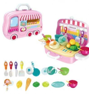 Set de joaca Bucatarie Copii "Valiza pe roti" 2 in 1, maner portabil si roti, lumini si sunet, cu accesorii de bucatarie, legume si oale, Roz - Img 6