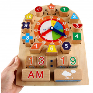 Jucarie educativa, ceas din lemn, cu diferite forme geometrice colorate, accesorii vreme - Img 3