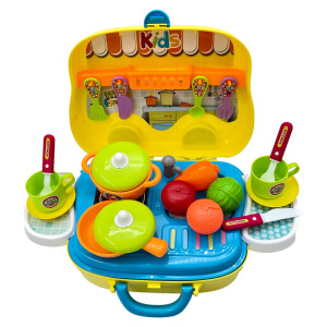 Set Bucatarie Copii "Valiza pe roti" 2 in 1, maner portabil si roti, lumini si sunet, cu accesorii de bucatarie - Img 8