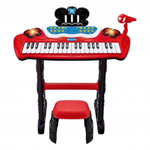 Set Complet Muzical Copii cu Pian Electronic, Microfon, si Scaunel, Karaoke, 12 Functii, Melodii si ritmuri diferite, Mp3, Posibilitatea de a conecta un telefon, Rosu - Img 2