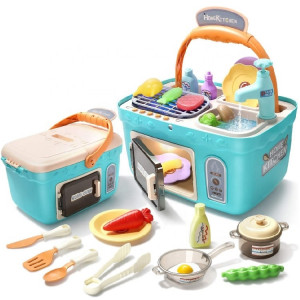Set de joaca bucatarie, Picnic Chef, cu accesorii de bucatarie si robinet, Albastru - Img 21