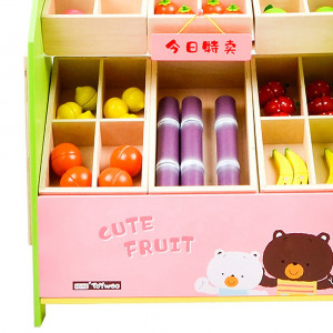 Stand aprozar cu rafturi din lemn si casa de marcat, cantar, legume, tavita de scris inclusa, tip Montessori, dimensiune 93x52x30 cm - Img 7