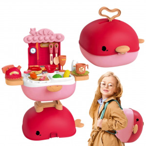 Jucarie de rol, trusa de bucatarie 3in1 tip mini rucsac, geanta si birou pentru scoala "Balena Minunata", 30 piese, accesorii de bucatarie incluse, portabil, roz