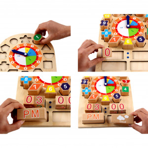 Jucarie educativa, ceas din lemn, cu diferite forme geometrice colorate, accesorii vreme - Img 5