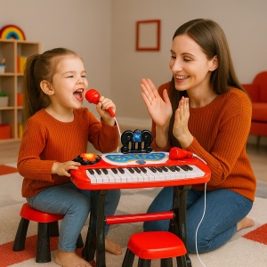 Set Complet Muzical Copii cu Pian Electronic, Microfon, si Scaunel, Karaoke, 12 Functii, Melodii si ritmuri diferite, Mp3, Posibilitatea de a conecta un telefon, Rosu