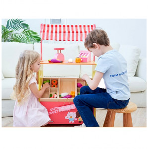 Stand aprozar cu rafturi din lemn si casa de marcat, cantar, legume, tavita de scris inclusa, tip Montessori, dimensiune 93x52x30 cm - Img 2