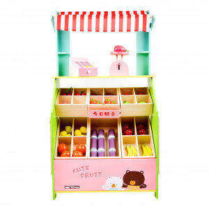 Stand aprozar cu rafturi din lemn si casa de marcat, cantar, legume, tavita de scris inclusa, tip Montessori, dimensiune 93x52x30 cm - Img 5