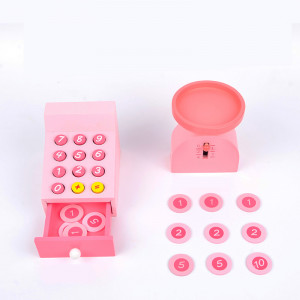 Stand aprozar cu rafturi din lemn si casa de marcat, cantar, legume, tavita de scris inclusa, tip Montessori, dimensiune 93x52x30 cm - Img 8