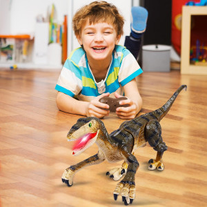 Jucarie interactiva, Dinozaur cu telecomanda, Figurina Velociraptor cu lumini si sunete realiste - Img 3