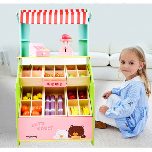Stand aprozar cu rafturi din lemn si casa de marcat, cantar, legume, tavita de scris inclusa, tip Montessori, dimensiune 93x52x30 cm - Img 3