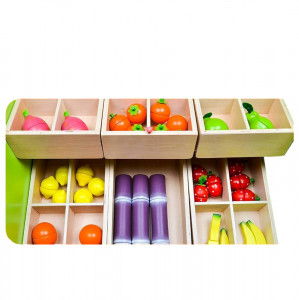 Stand aprozar cu rafturi din lemn si casa de marcat, cantar, legume, tavita de scris inclusa, tip Montessori, dimensiune 93x52x30 cm - Img 9