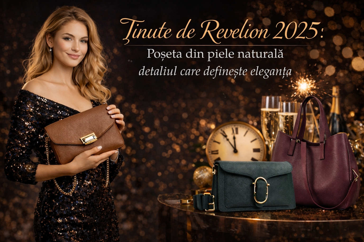 Poșeta din piele naturală, accesoriul esențial pentru ținutele de Revelion 2025