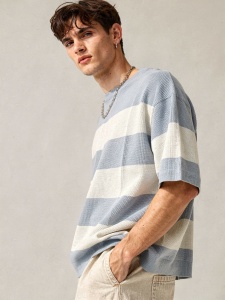 Tricou tricotat oversized în dungi bleu - Img 4