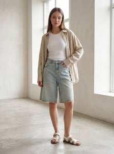 Pantaloni scurți din denim light wash cu tiv destrămat - Img 2