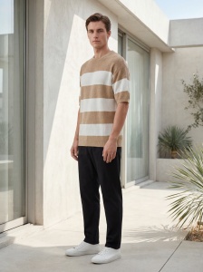Tricou tricotat oversized în dungi bej - Img 3