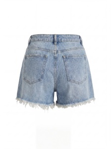 Pantaloni scurți din denim cu tiv destrămat și aplicații metalice - Img 5