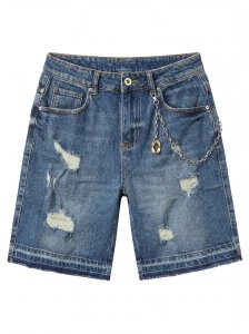 Pantaloni scurți din denim distressed cu lanț decorativ - Img 5