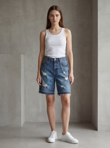 Pantaloni scurți din denim distressed cu lanț decorativ - Img 2