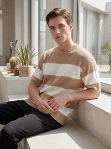 Tricou tricotat oversized în dungi bej - Img 4