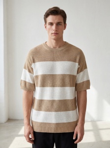 Tricou tricotat oversized în dungi bej