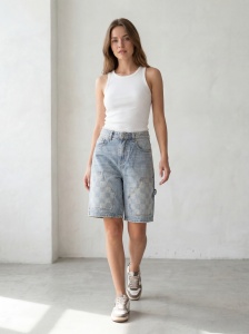 Pantaloni scurți carpenter din denim cu panouri în carouri