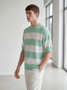 Tricou tricotat oversized în dungi verde mentă și crem - Img 3