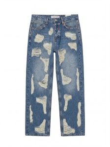 Blugi wide leg distressed cu aplicații strălucitoare - Img 5