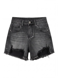 Pantaloni scurți din denim gri distressed cu inserții negre - Img 4