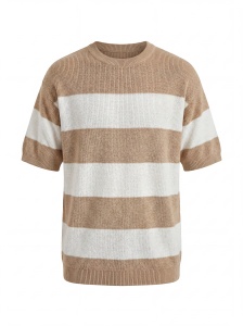 Tricou tricotat oversized în dungi bej - Img 5