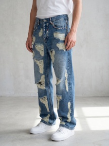 Blugi wide leg distressed cu aplicații strălucitoare - Img 2