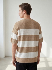 Tricou tricotat oversized în dungi bej - Img 2
