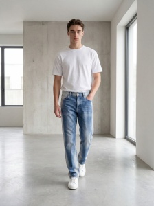 Blugi slim straight din denim prespălat - Img 4