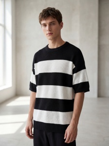 Tricou tricotat oversized în dungi alb-negru