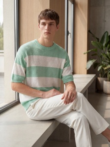 Tricou tricotat oversized în dungi verde mentă și crem - Img 4
