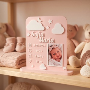 Placuta personalizata roz asezata pe un raft in camera bebelusului, alaturi de jucarii de plus