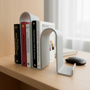 Suport carte tip arc decorativ cu striatii, vedere frontala cu carte sprijinita, design elegant pentru birou