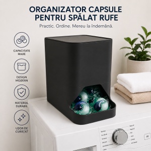 NEGRU - Dispenser capsule detergent rufe alb cu capac, poster produs