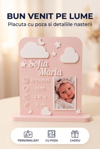 Placuta Personalizata Bun Venit pe Lume - Nou Nascut - cu Poza si Datele Nasterii