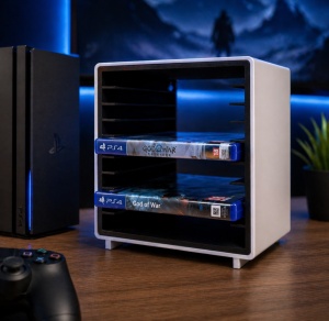 Cabinet gaming gol cu 10 sloturi orizontale, exterior alb interior negru, vedere frontala, design compact pentru perete