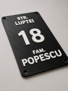 Detaliu numar de casa personalizat cu textura mată și liniile fine de imprimare 3D