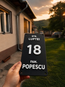 Numar de casa personalizat cu numele de familie Popescu ținut în mână la apus în fața casei la țară, atmosferă rurală românească