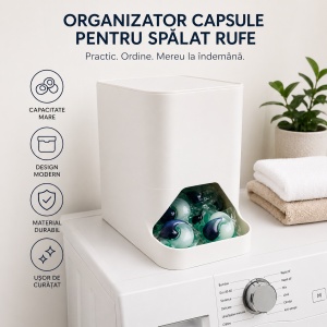 Dispenser Capsule Detergent Rufe - Organizator Baie cu Capac, Design Minimalist Alb sau Negru