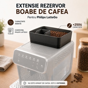 Extensie LatteGo V2 vedere laterala cu capac cafea macinata si dop surub incluse +250g