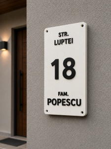Numar de casa personalizat alb cu text negru montat pe peretele exterior, variantă luminoasă