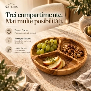 Bol din lemn de tec, 3 compartimente, 30 × 30 × 7 cm, natur - Img 5