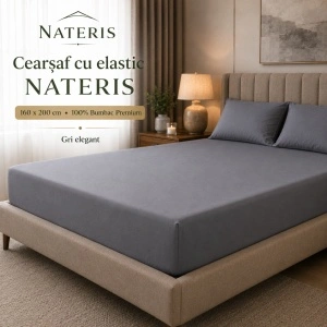 Cearșaf cu elastic 160x200 cm, 100% bumbac, colț 30 cm, antialergic, gri - Img 2