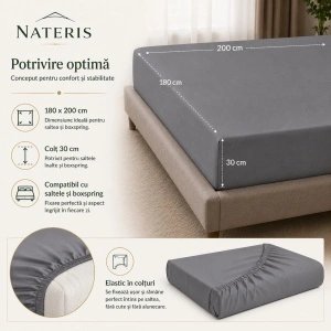 Cearșaf cu elastic 180x200 cm, 100% bumbac, colț 30 cm, antialergic, gri - Img 3