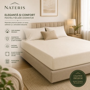 Cearșaf cu elastic 180x200 cm, 100% bumbac premium, pentru saltea și boxspring, proprietăți anti-alergice și anti-acarieni, colț 30 cm, material moale și respirabil, crem - Img 5
