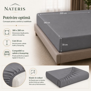 Cearșaf cu elastic 180x200 cm, 100% bumbac premium, pentru saltea și boxspring, proprietăți anti-alergice și anti-acarieni, colț 30 cm, material moale și respirabil, gri - Img 2